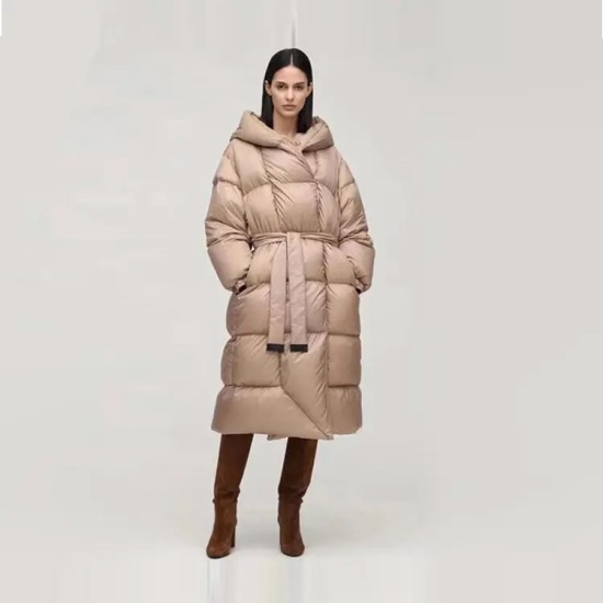 Winter Thickened 90 White Duck Down Over The Knee Length Hooded Zipper Puffer Padded Women's Down Coats