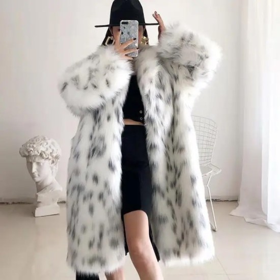  European and American Imitation Fur Coat Women's Medium Length No Belt Spotted Long Sleeve Leopard Print Long Fur Coat