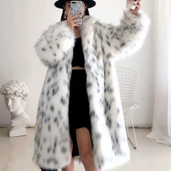  European and American Imitation Fur Coat Women's Medium Length No Belt Spotted Long Sleeve Leopard Print Long Fur Coat