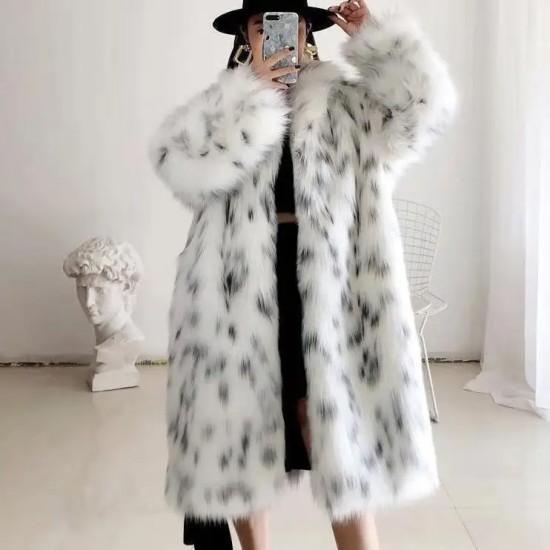  European and American Imitation Fur Coat Women's Medium Length No Belt Spotted Long Sleeve Leopard Print Long Fur Coat