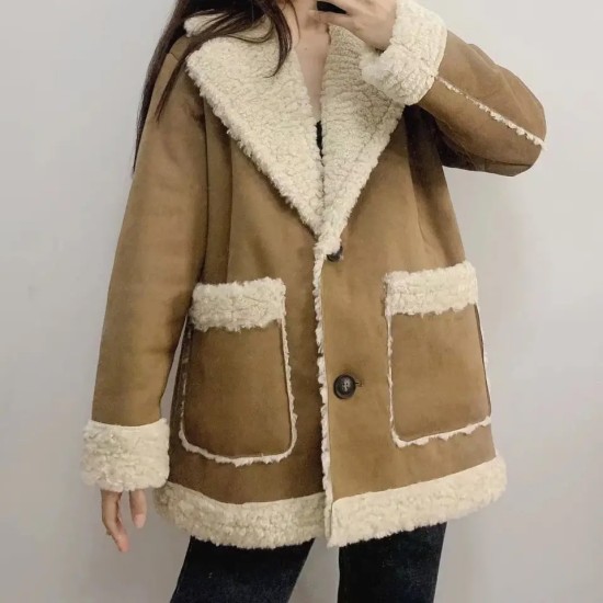 Latest Design Teddy Coat Women Winter Fashion Top Vintage Long Cuff Link Overcoat with Double Wool Lapel Pockets women coat