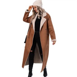 New Fall Winter Clothing Long Turn Down Collar Faux Suede Trench Coat Solid Color Windbreaker Jacket