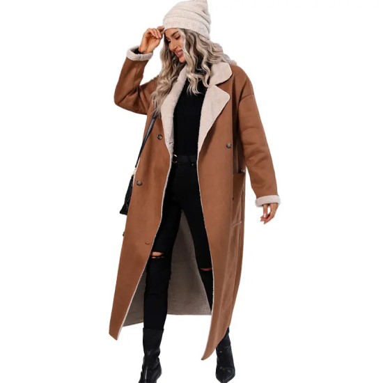 New Fall Winter Clothing Long Turn Down Collar Faux Suede Trench Coat Solid Color Windbreaker Jacket