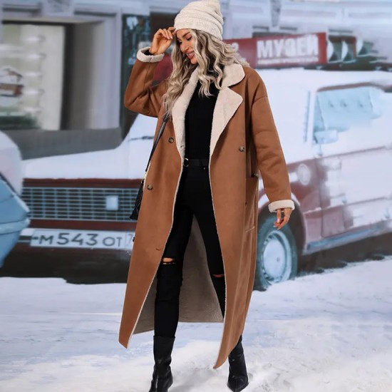 New Fall Winter Clothing Long Turn Down Collar Faux Suede Trench Coat Solid Color Windbreaker Jacket